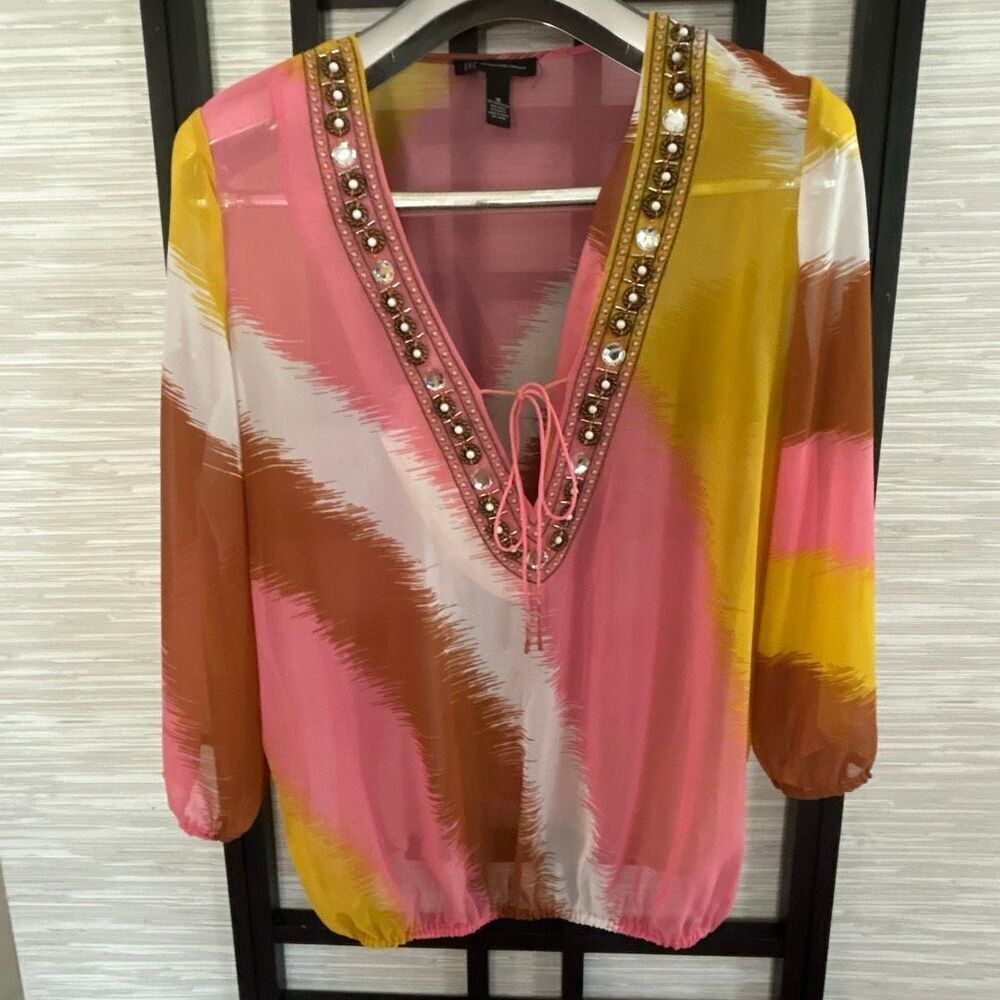INC international concepts fabulous beaded Boho pink brown yellow V-neck blouse